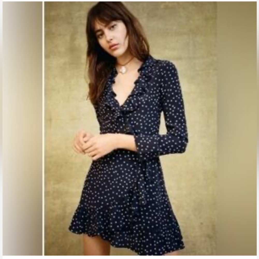 Realization Par dark navy blue star print silk mini dress, size XS